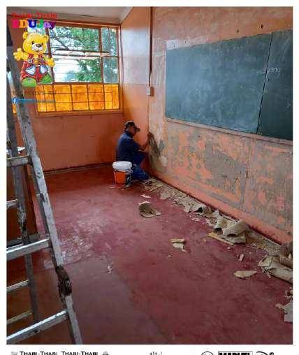 A damaged classroom before renovation work began